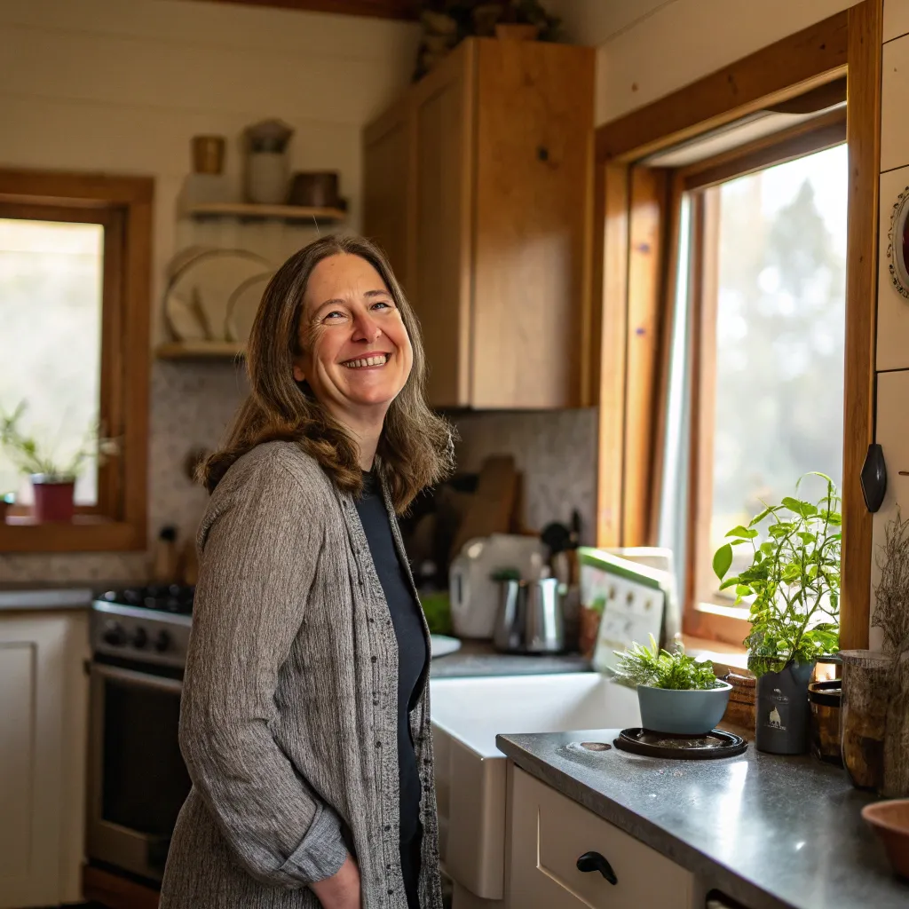 Jane smiling in her kitchen
